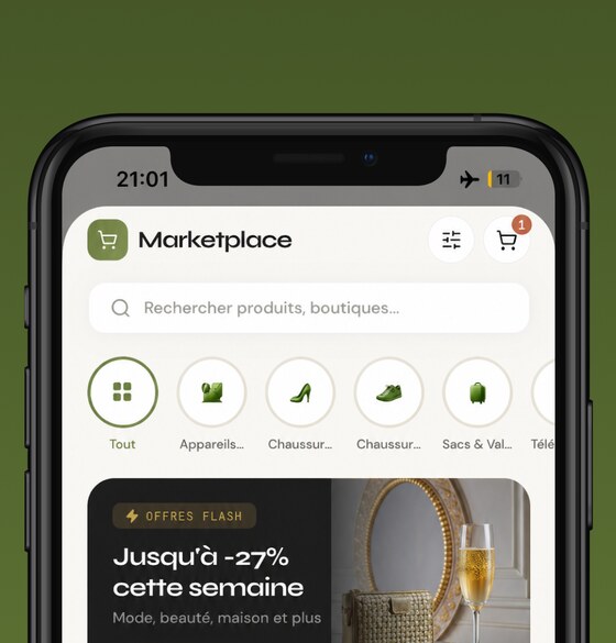 Écran marketplace Nopal — boutiques locales et livraison au Sénégal